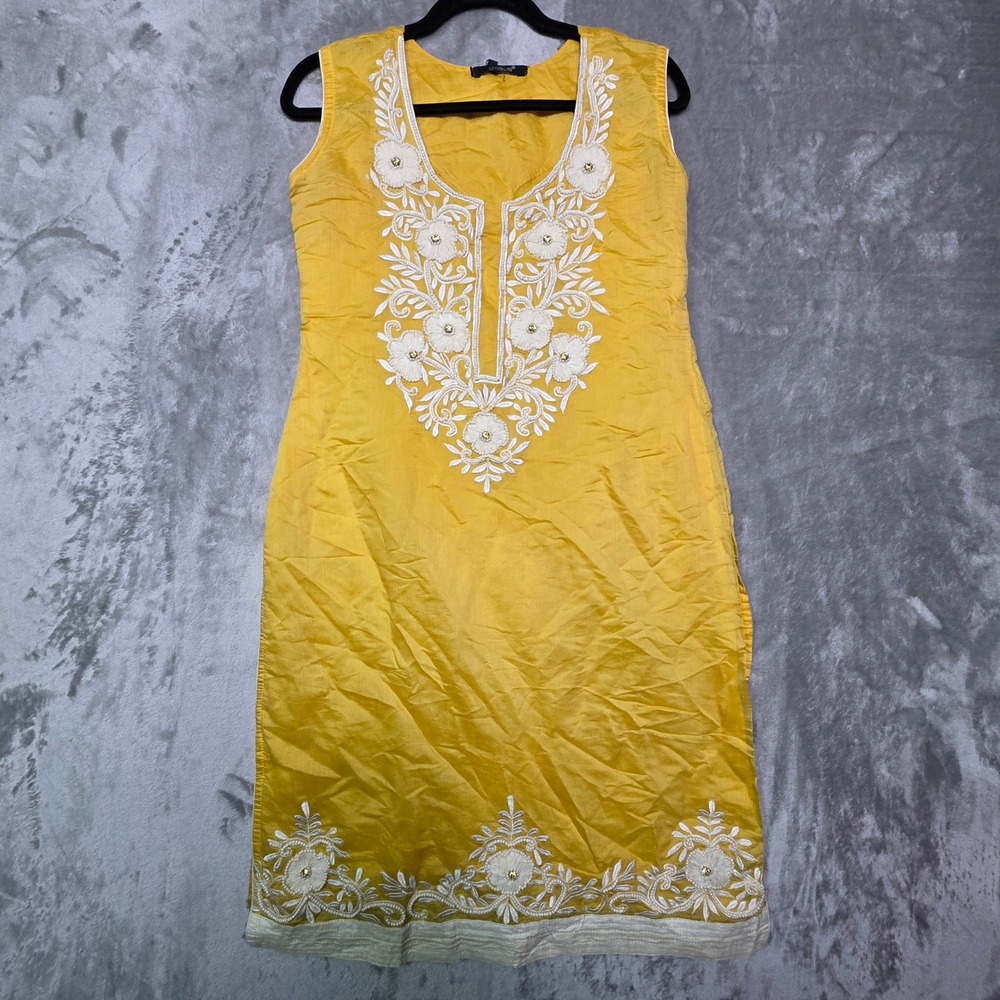 Globus Yellow Sleeveless Kurta Tunic White Floral Embroidered Beadwork Large